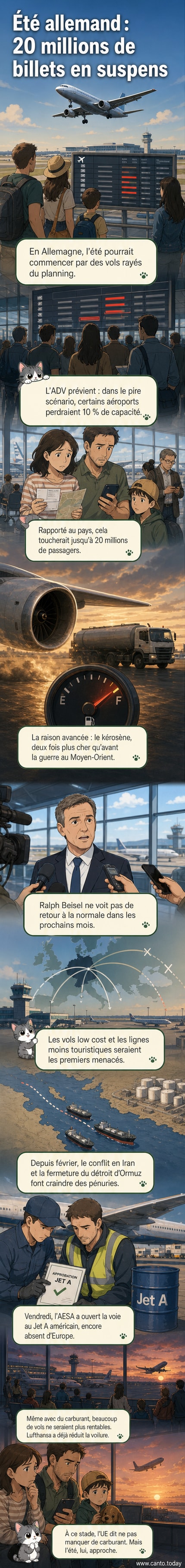 Illustration d’un avion de ligne entouré de flammes stylisées représentant la hausse du prix du kérosène, avec des passagers inquiets en arrière-plan.