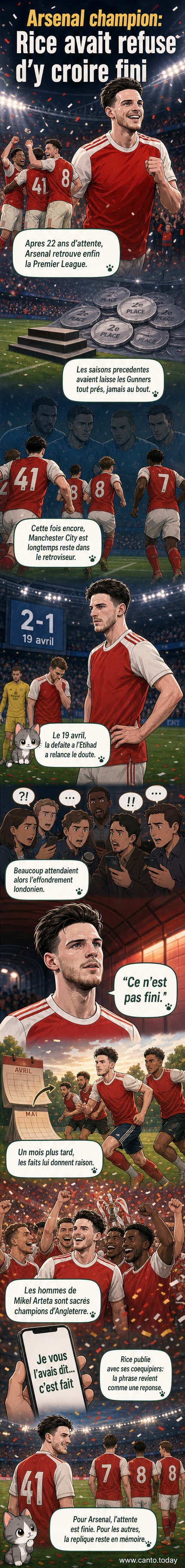 Declan Rice, en tenue d’Arsenal, sourit fièrement entouré de ses coéquipiers après la victoire en Premier League.