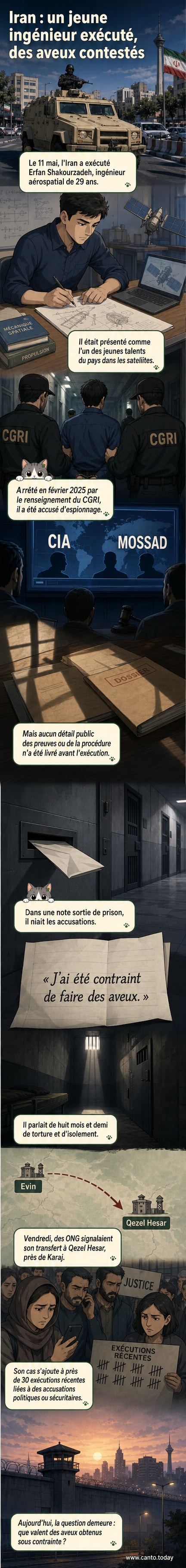 Illustration d'un jeune ingénieur iranien en prison, entouré de symboles de satellites et d'espionnage, avec un bandeau 'Exécuté'.