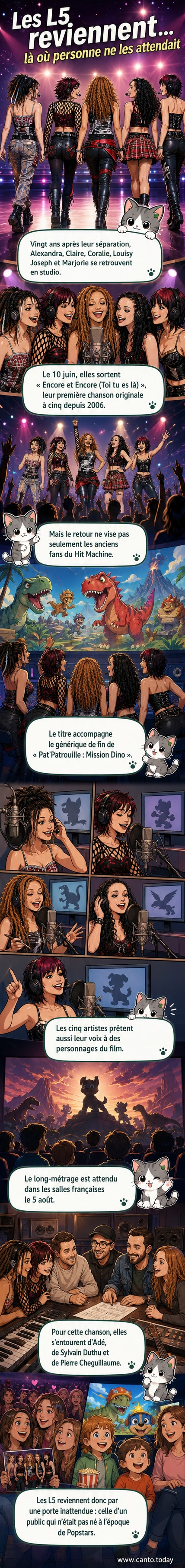 Les cinq membres des L5 posent ensemble, souriantes, vêtues de tenues colorées, dans un décor rappant l'univers de Pat'Patrouille.