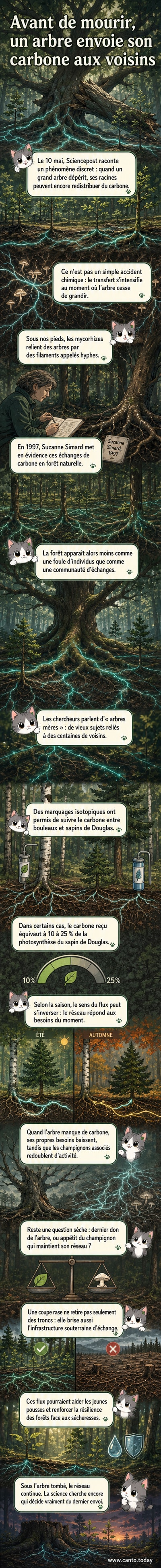 Illustration d’un arbre centenaire en train de mourir, ses racines libérant une vague de carbone vers de jeunes pousses via un réseau de champignons souterrain.