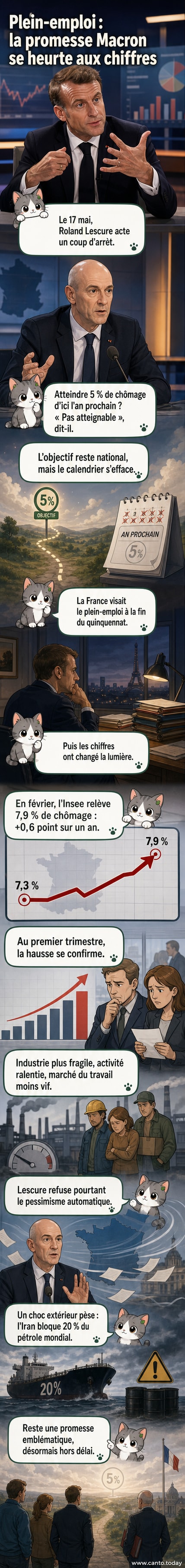 Illustration d’un graphique en berne avec la silhouette d’Emmanuel Macron en arrière-plan, symbolisant l’abandon de l’objectif de plein-emploi.