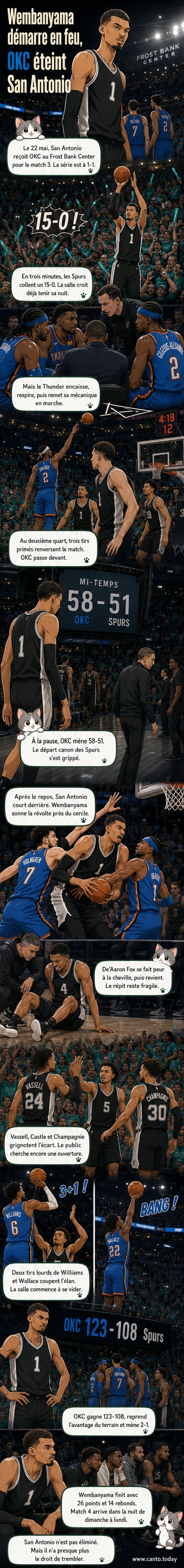 Victor Wembanyama en action sous les paniers lors du match 3 des finales de conférence NBA, entouré de coéquipiers et d'adversaires du Thunder.