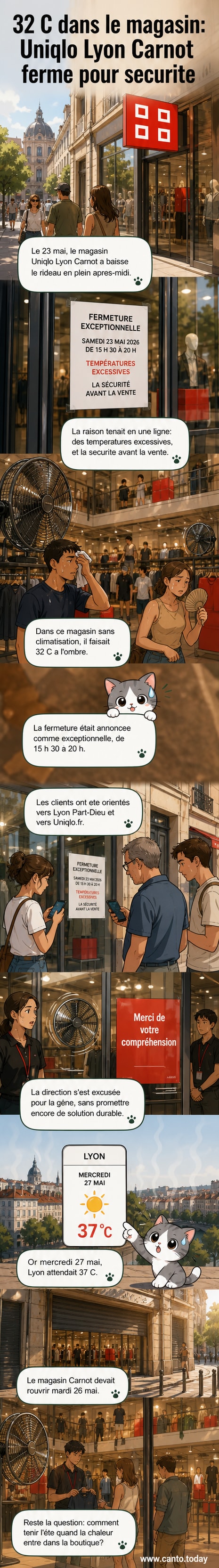 Devanture d'un magasin Uniqlo à Lyon avec une affiche indiquant une fermeture temporaire due aux fortes chaleurs, en mai 2026.
