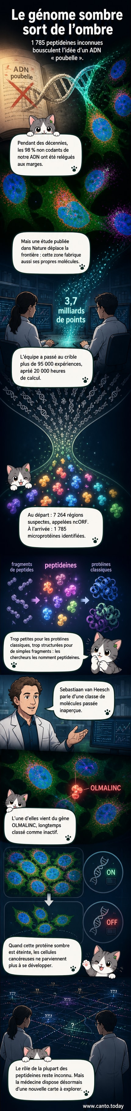 Représentation artistique d'une cellule humaine avec une microprotéine sombre en rouge, entourée d'ADN et de molécules.