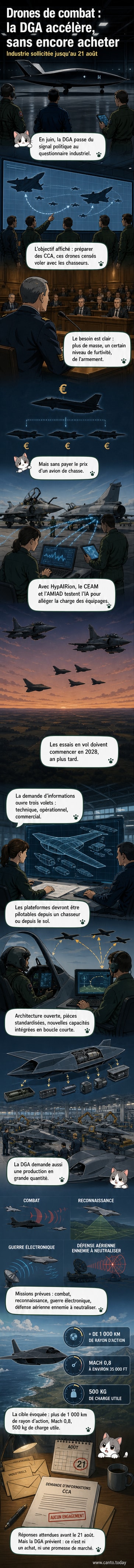 Illustration d'un drone de combat collaboratif en vol, accompagné d'un chasseur Mirage 2000, avec des interfaces numériques montrant des flux de données et de commandes.