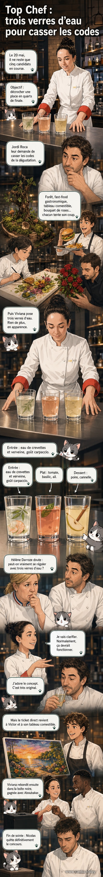 Viviana, candidate de Top Chef, présentant trois verres transparents contenant des eaux savamment parfumées devant le jury, dont Jordi Roca et Hélène Darroze.