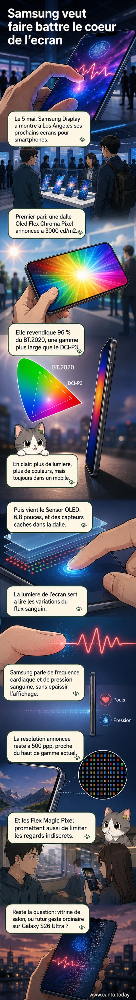 Représentation visuelle d'un écran de smartphone Samsung mesurant la fréquence cardiaque, avec des éléments graphiques montrant la lumière OLED détectant le flux sanguin.