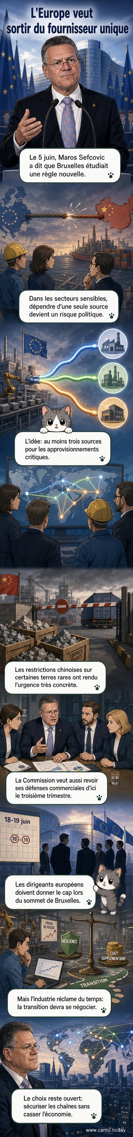 Illustration d'une chaîne d'approvisionnement reliant l'Europe à la Chine, avec des symboles de minerais rares et de bâtiments industriels, partiellement bloquée par un mur étiqueté 'restrictions'.