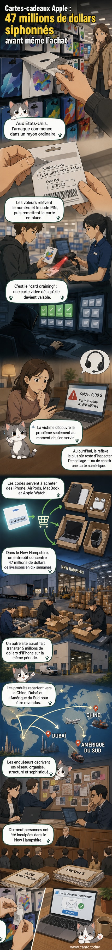 Illustration d'une carte-cadeau Apple ouverte, avec un code PIN partiellement arraché, entourée d'icônes d'iPhone, MacBook et AirPods, et d'une flèche pointant vers la Chine.