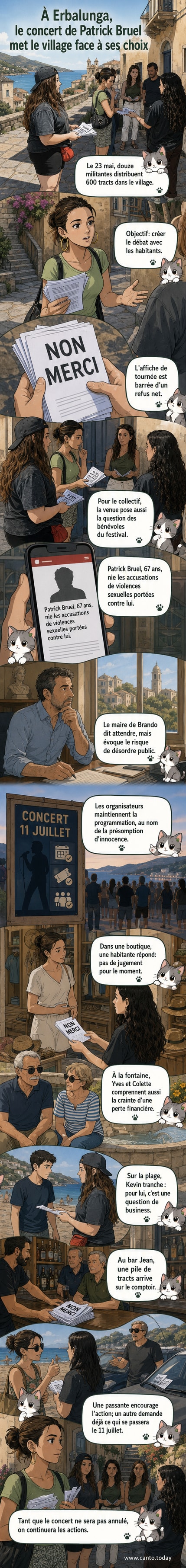 Des militantes du collectif Collages féminicides Corse distribuent des tracts barrés « NON MERCI » contre le concert de Patrick Bruel à Erbalunga.