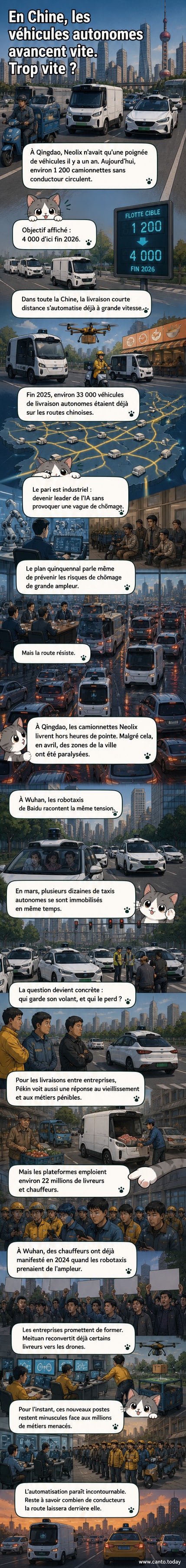 Une camionnette autonome Neolix en livraison dans les rues de Qingdao, entourée de véhicules traditionnels.