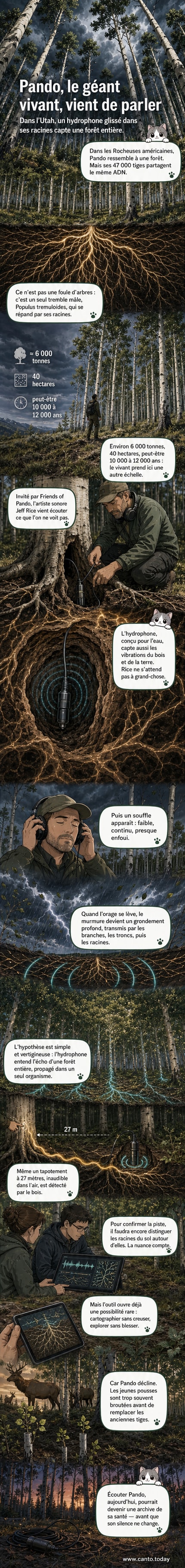 Vue aérienne d'une forêt de trembles en été, avec un insert montrant un hydrophone inséré dans une racine et des ondes sonores stylisées se propageant sous terre.