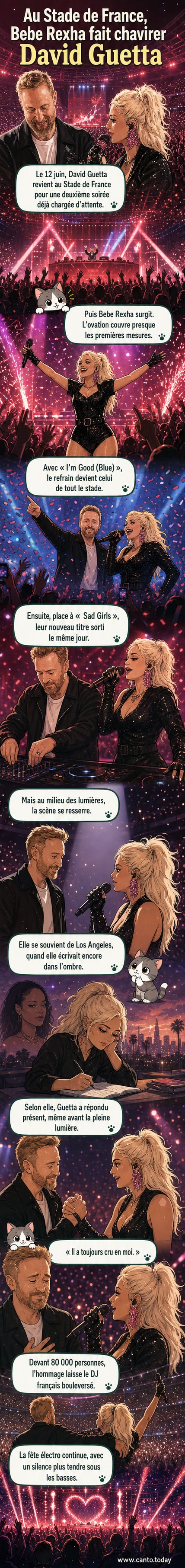 Bebe Rexha sur scène au Stade de France, saluant David Guetta lors d'un concert émotionnel devant des milliers de spectateurs.