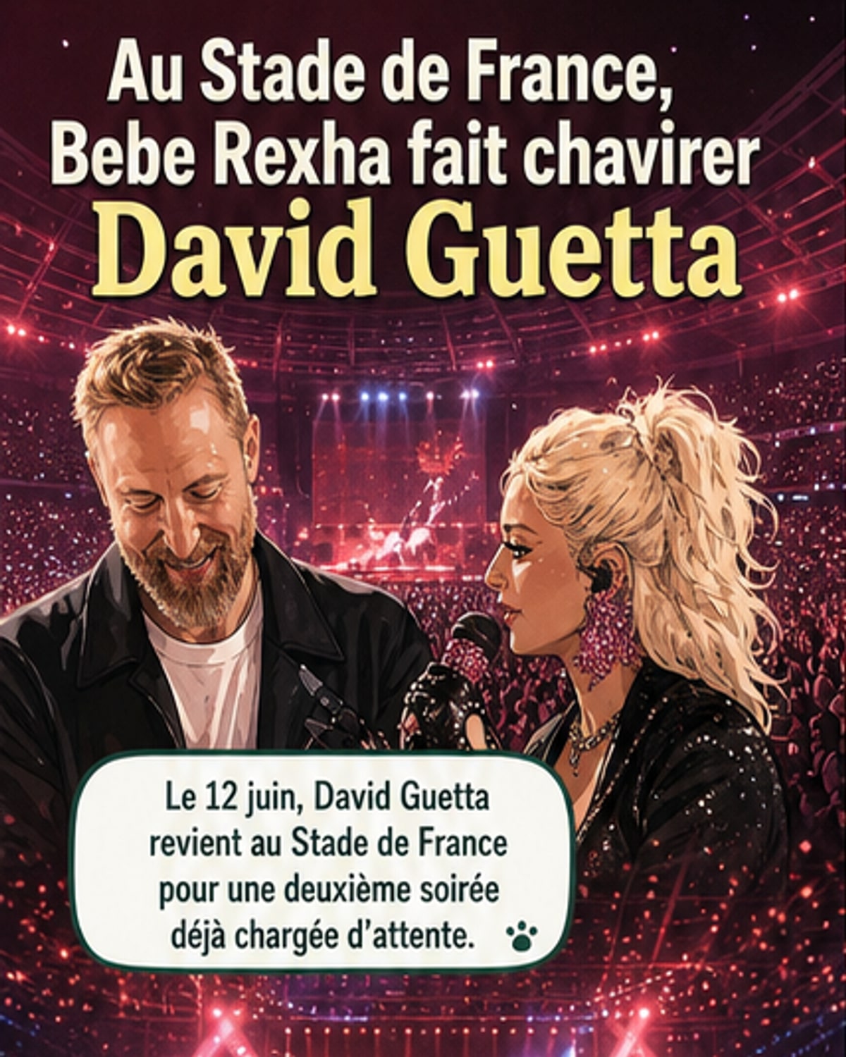 Bebe Rexha sur scène au Stade de France, saluant David Guetta lors d'un concert émotionnel devant des milliers de spectateurs.