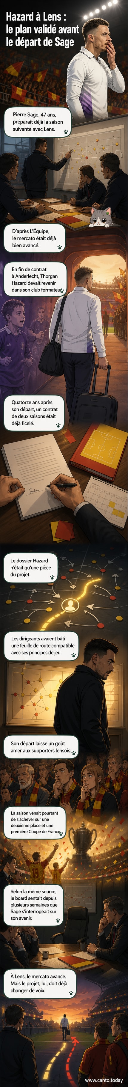 Illustration d'un joueur de football en tenue du RC Lens tenant un maillot avec le nom 'Hazard', tandis que l'entraîneur s'éloigne dans l'ombre.