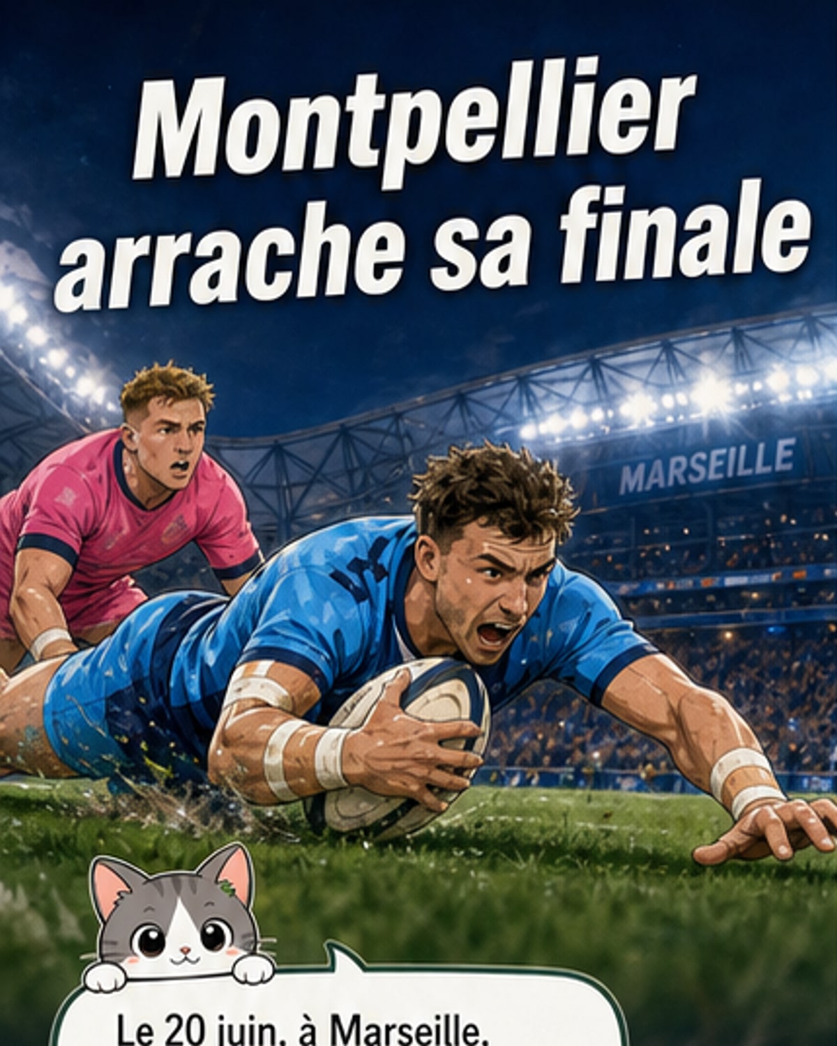 Illustration d'un match de rugby tendu entre Montpellier et le Stade français à l'Orange Vélodrome, avec des joueurs en action sous les projecteurs.