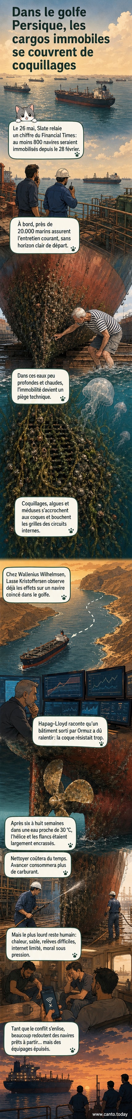 Un cargo immobilisé dans le golfe Persique, avec des coquillages et des algues visibles sur la coque immergée, sous un ciel brumeux et chaud.