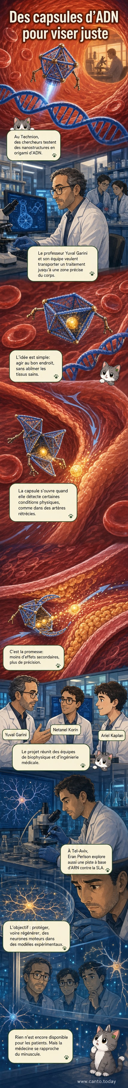 Illustration d'une capsule en ADN en forme d'origami voyageant dans une artère et libérant un médicament au niveau d'un rétrécissement.