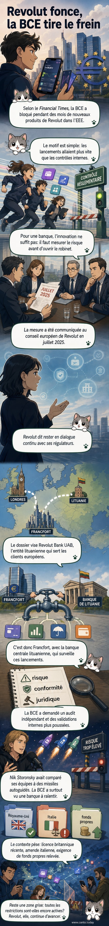 Illustration d'une banque numérique en pleine course, freinée par une main symbolisant la régulation européenne.