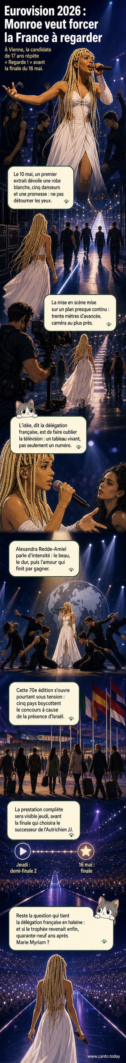 Monroe, 17 ans, en robe blanche sur une longue passerelle, entourée de danseurs en noir, lors d'une répétition à Vienne pour l'Eurovision 2026.