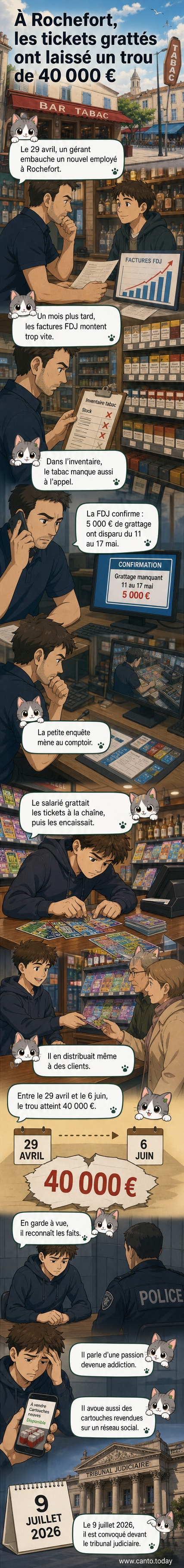 Illustration d'un homme grattant un ticket de loterie dans un bar-tabac, avec des billets et des cartouches de cigarettes visibles en arrière-plan.