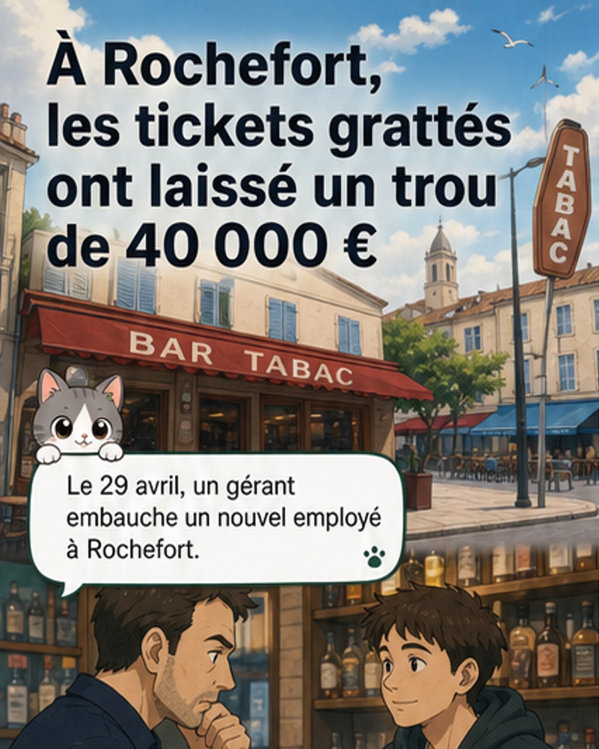 Illustration d'un homme grattant un ticket de loterie dans un bar-tabac, avec des billets et des cartouches de cigarettes visibles en arrière-plan.