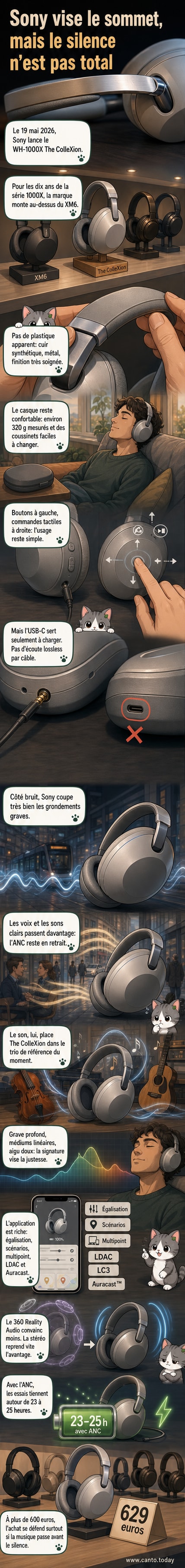 Casque circum-aural Sony WH-1000X The ColleXion en couleur noir et blanc platine, posé sur un fond neutre, montrant la finition en cuir synthétique et l’arceau métallique chromé.