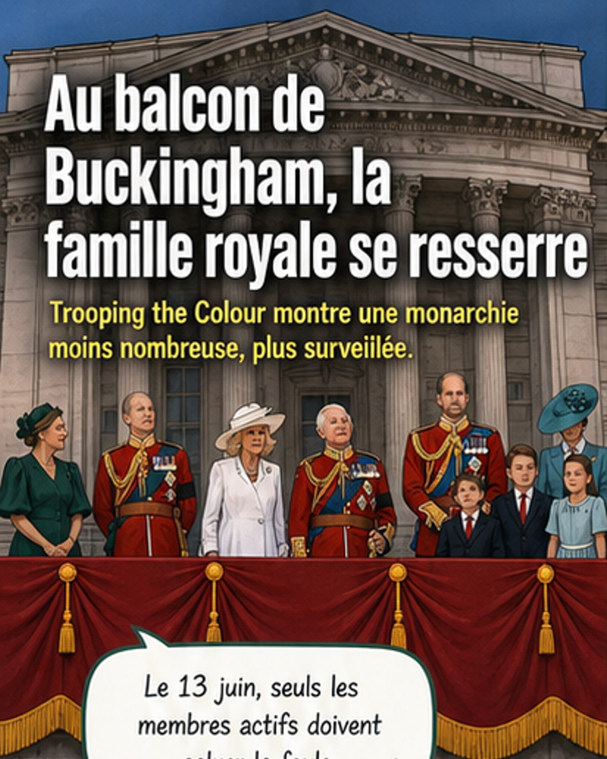 Famille royale britannique sur le balcon de Buckingham lors de Trooping the Colour en 2025, avec un groupe restreint de membres visibles.