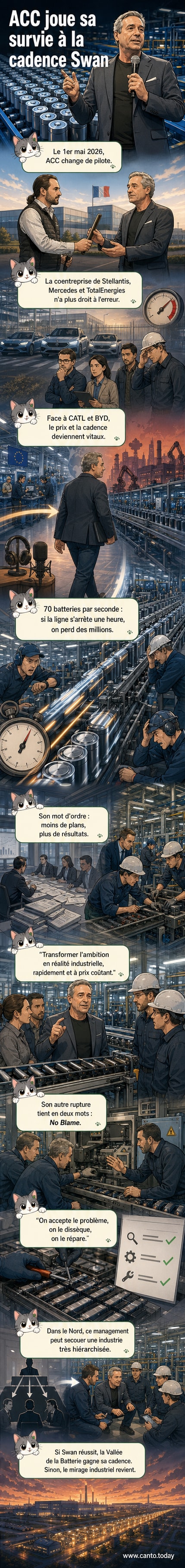 Illustration d'une usine de batteries high-tech avec un manager en combinaison discutant avec des techniciens, entouré de chaînes de production automatisées et de symboles d'énergie verte.