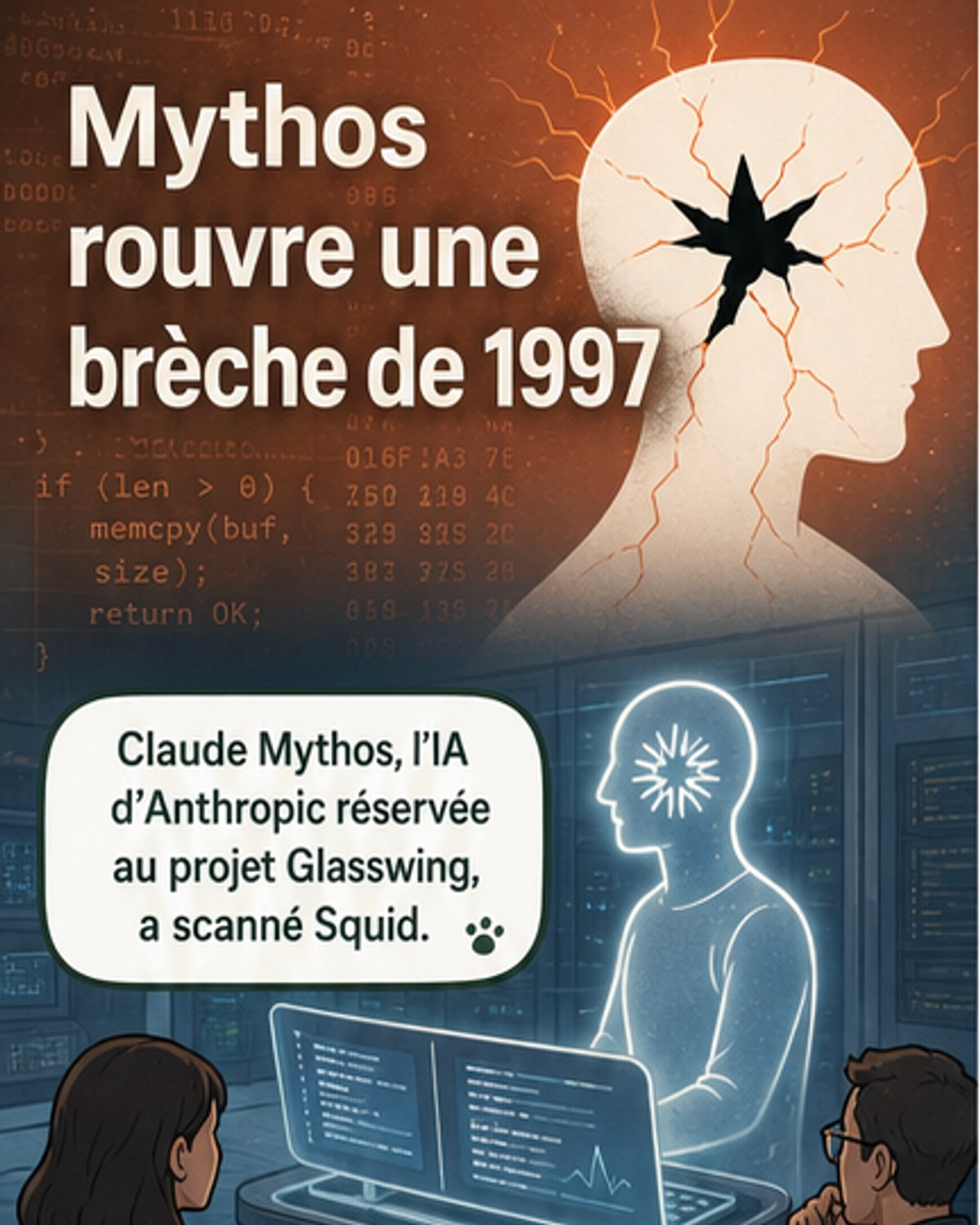 Illustration d'une intelligence artificielle examinant un code informatique ancien, avec des lignes de code qui s'effritent pour révéler une faille de sécurité étiquetée 'Squidbleed'.