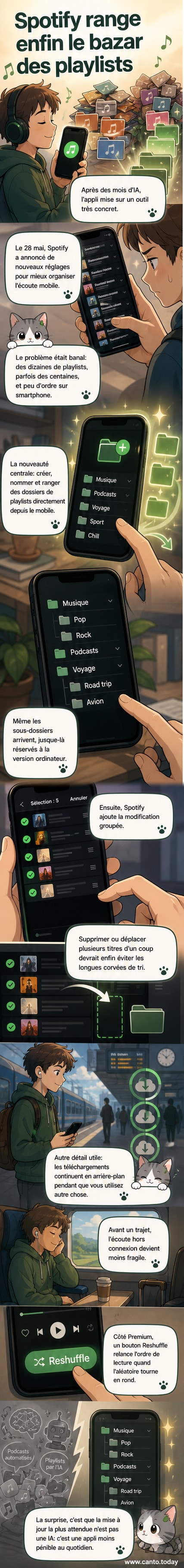 Interface de l'application Spotify montrant la création de dossiers pour organiser des playlists musicales sur smartphone.