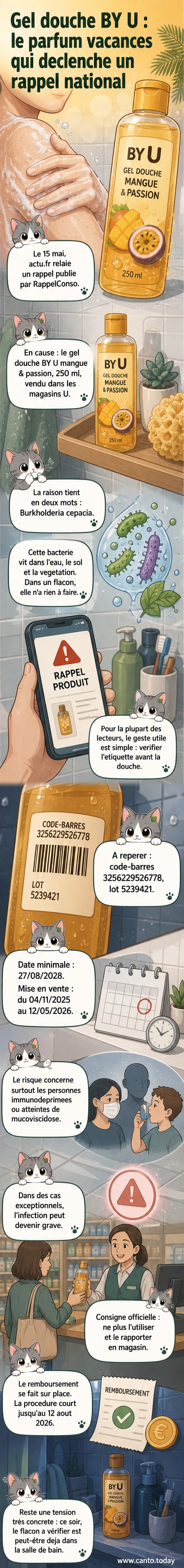Un flacon de gel douche BY U au parfum mangue-passion posé sur une surface de salle de bain, entouré d’un pictogramme d’alerte signalant un rappel pour contamination bactérienne.