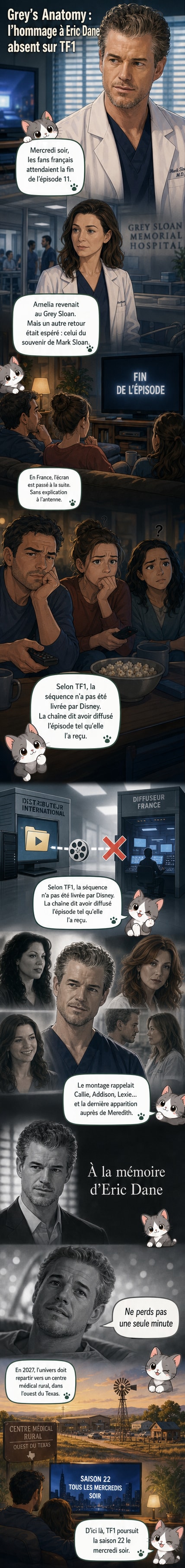 Illustration d'un écran de télévision divisé : à gauche, l'hommage en noir et blanc à Eric Dane avec le texte 'À la mémoire d'Eric Dane' ; à droite, un écran vide marqué 'Version non diffusée en France'.