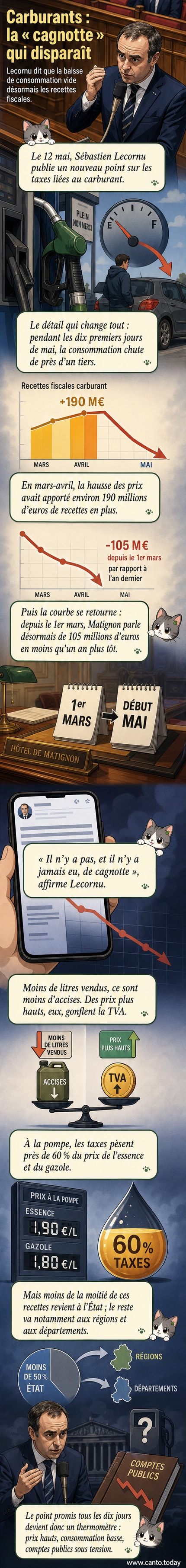Infographie montrant la baisse de la consommation de carburant en France début mai 2026 et son impact sur les recettes fiscales, avec une illustration du Premier ministre Sébastien Lecornu.