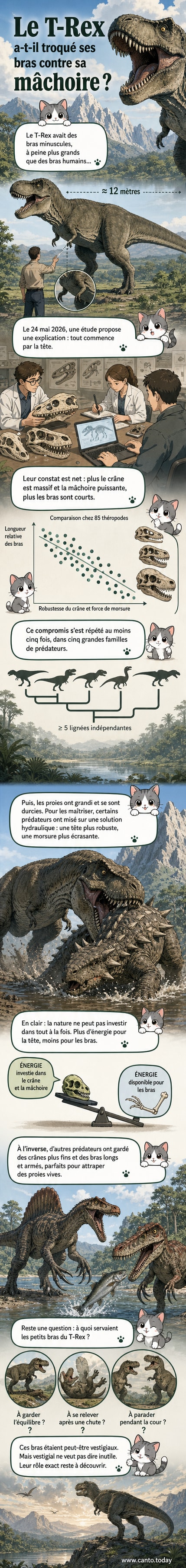 Reconstitution artistique d'un Tyrannosaurus rex avec un crâne massif et de très petits bras, entouré d'un environnement préhistorique.