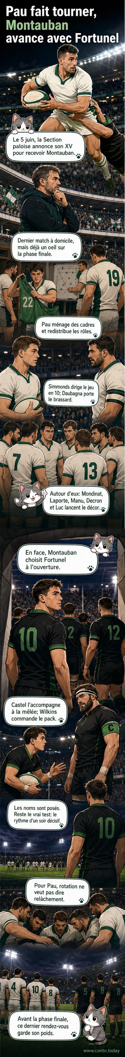 Illustration du stade du Hameau à Pau, avec les deux équipes de rugby alignées pour le match contre Montauban, sous un ciel légèrement couvert.
