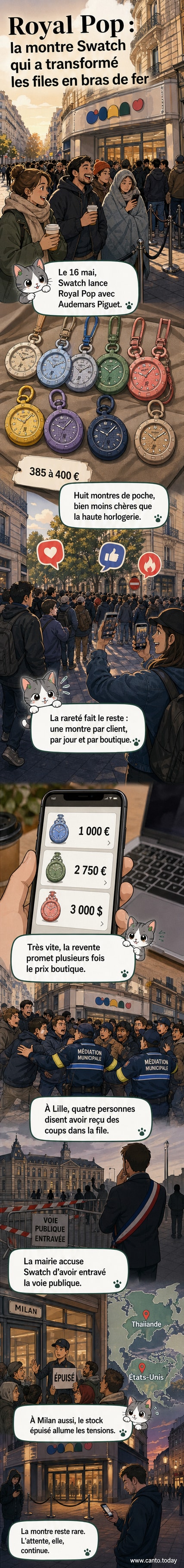 Une file d’attente longue et animée devant une boutique Swatch, avec des passants curieux et des policiers présents, en centre-ville.