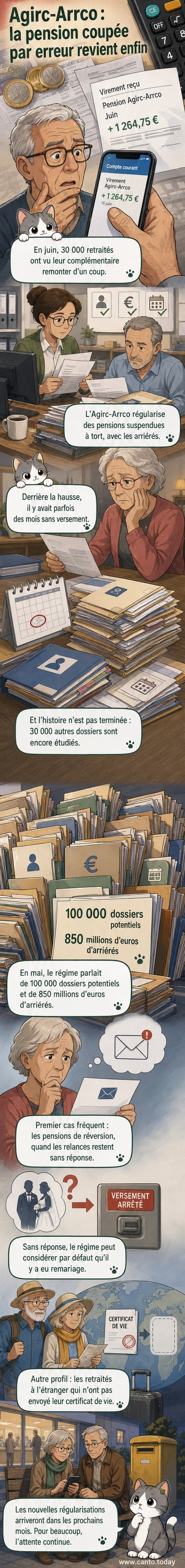 Illustration d'une personne âgée recevant un courrier bancaire avec un montant de pension en hausse, entourée de symboles de retraite et de documents administratifs.