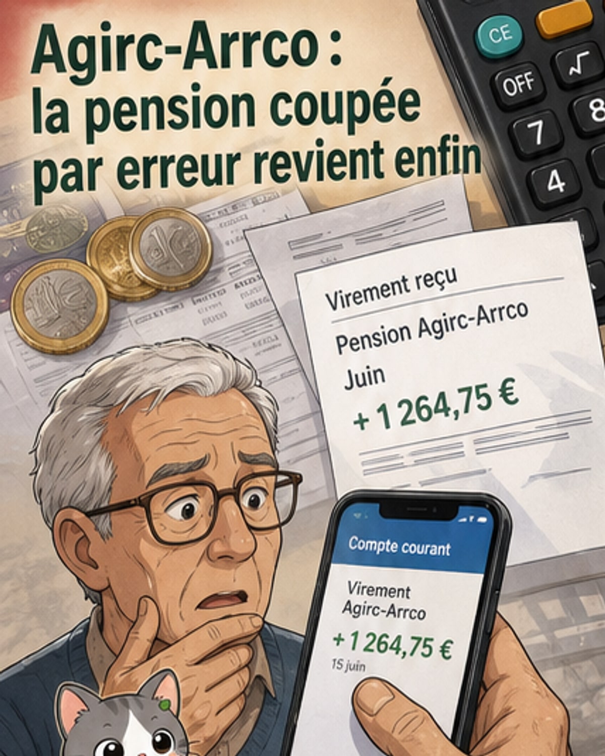 Illustration d'une personne âgée recevant un courrier bancaire avec un montant de pension en hausse, entourée de symboles de retraite et de documents administratifs.