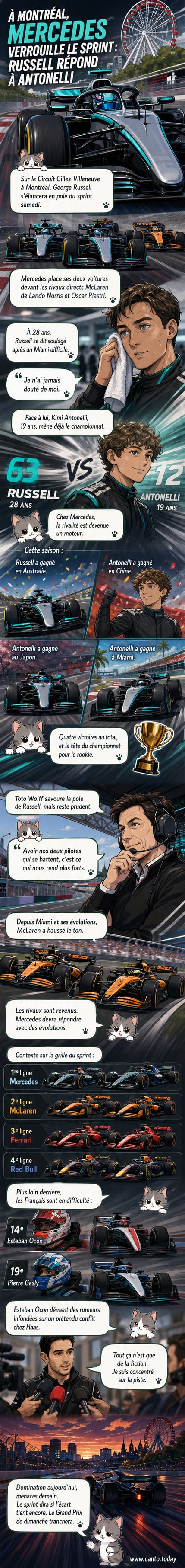 George Russell et Kimi Antonelli en Mercedes sur le circuit Gilles-Villeneuve lors du Grand Prix du Canada 2026.
