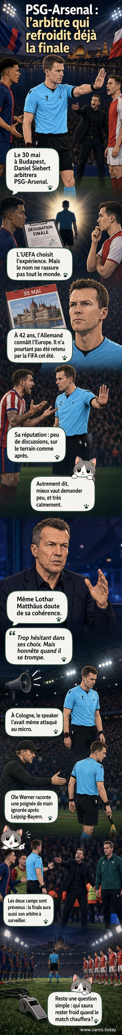Illustration d'un arbitre allemand en noir, bras croisés, face à des joueurs frustrés sur un terrain de football sous les projecteurs d'une finale de Ligue des champions.