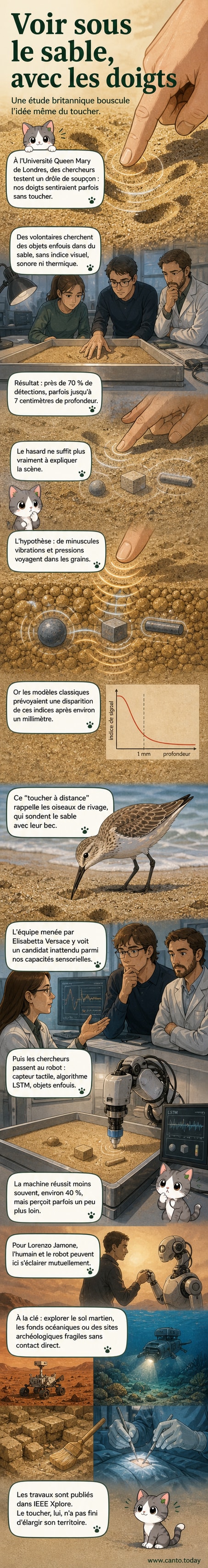 Illustration d'une main humaine au-dessus d'un tas de sable, avec des lignes de vibration invisibles reliant les doigts à un objet enfoui dessous, symbolisant la détection sans contact.