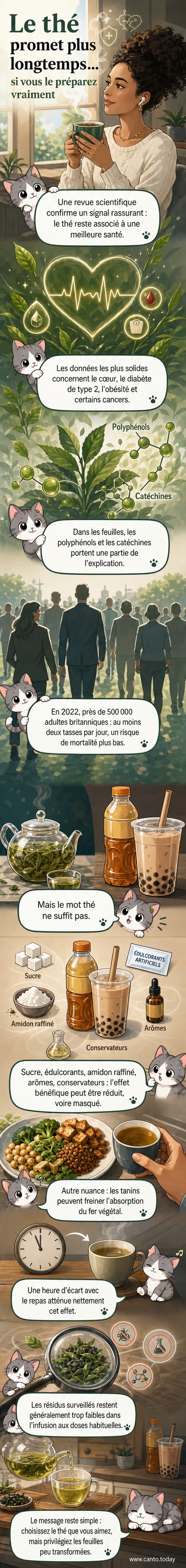 Une tasse de thé vert fumant posée sur une soucoupe, entourée de feuilles de thé fraîches, symbolisant les bienfaits pour la santé liés à une préparation traditionnelle.