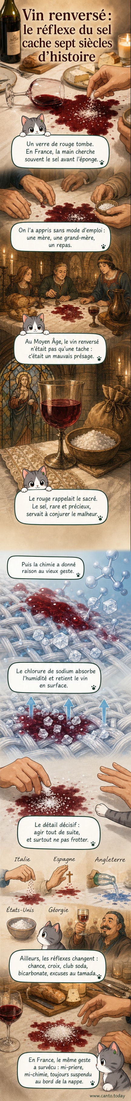 Une main saupoudre du sel sur une tache de vin rouge fraîche sur une nappe blanche, dans un cadre de repas familial.