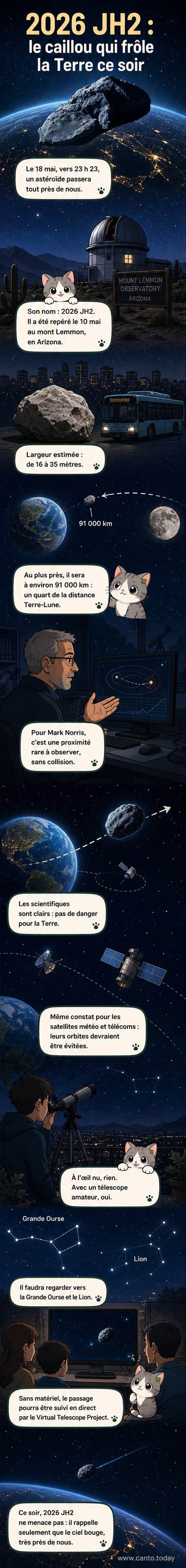 Représentation artistique d'un petit astéroïde passant près de la Terre, vu depuis l'espace, avec la Lune en arrière-plan.
