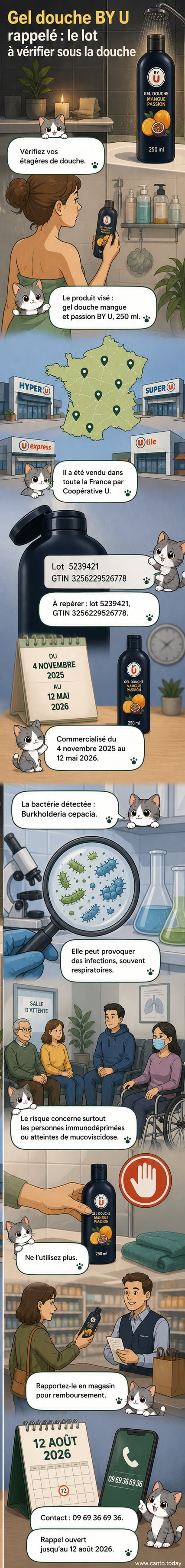 Illustration d’un flacon de gel douche BY U avec un symbole d’alerte rouge indiquant un rappel sanitaire.
