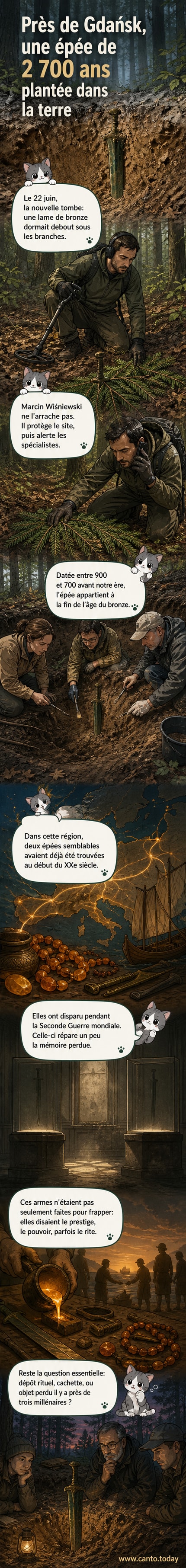 Une épée en bronze vieille de 2 700 ans, découverte plantée verticalement dans une forêt près de Gdańsk, recouverte partiellement de terre et de feuilles.