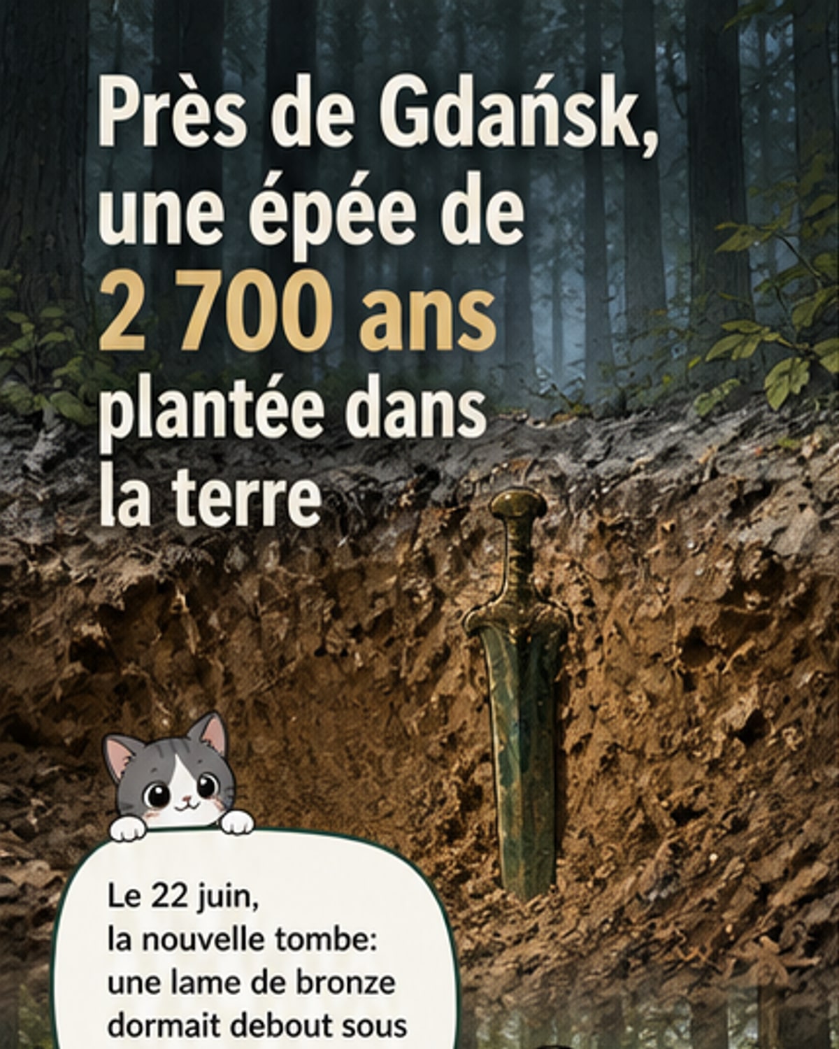 Une épée en bronze vieille de 2 700 ans, découverte plantée verticalement dans une forêt près de Gdańsk, recouverte partiellement de terre et de feuilles.