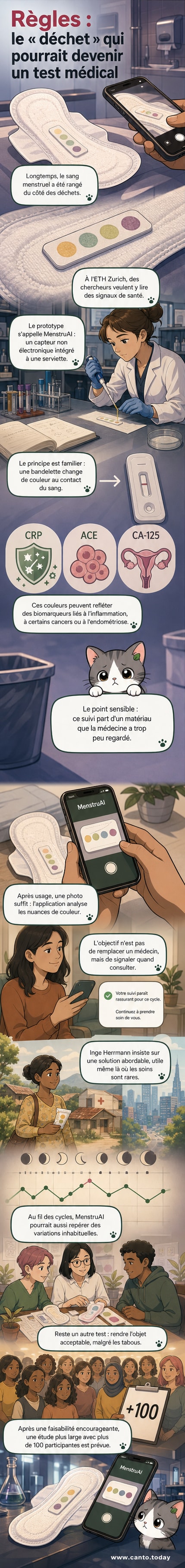 Illustration d'une serviette hygiénique avec un capteur colorimétrique intégré, analysé par une application sur smartphone, entourée de symboles médicaux et de données biologiques.